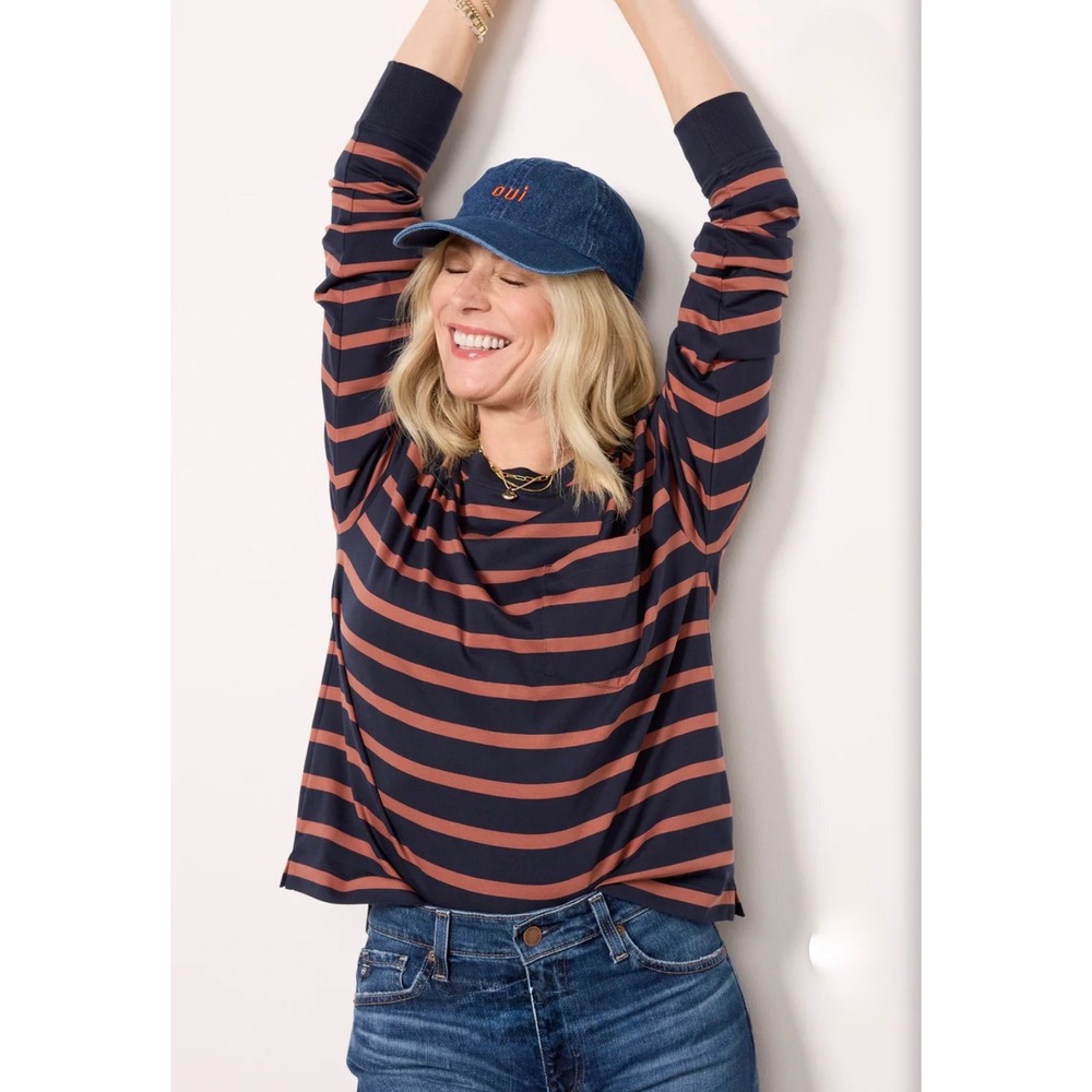 Evereve Ever Perfect Long Sleeve Shirt Top Size XL Navy Brown Stripe Pima Cotton